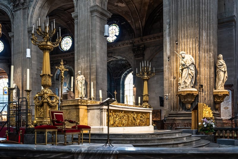 Altar in the Baroque Catholic church of Saint-Sulpice, built in 17th century, in Place Saint-Sulpice, Latin Quarter, 6th arrondissement of Paris, France